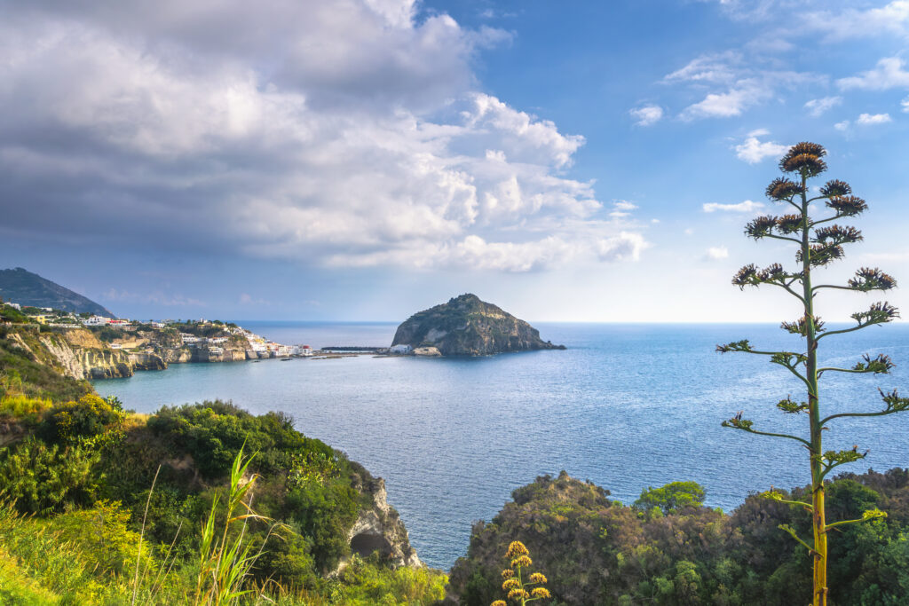 Ischia Island, Sant Angelo coast and islet. Travel destination in Phlegraean Islands archipelago near Gulf of Naples in Campania region, Italy
